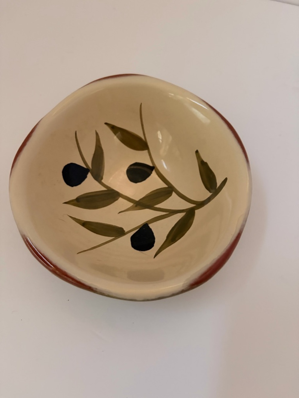 Hand-Painted Olive Motif Ceramic Bowl - Cream and Olive